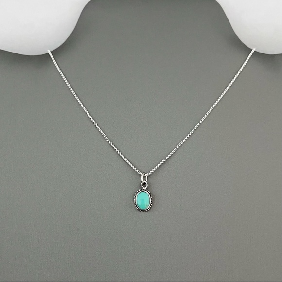 Sterling Silver Small Dainty Oval Synthetic Turquoise Necklace, Silver Necklace - Picture 2 of 10